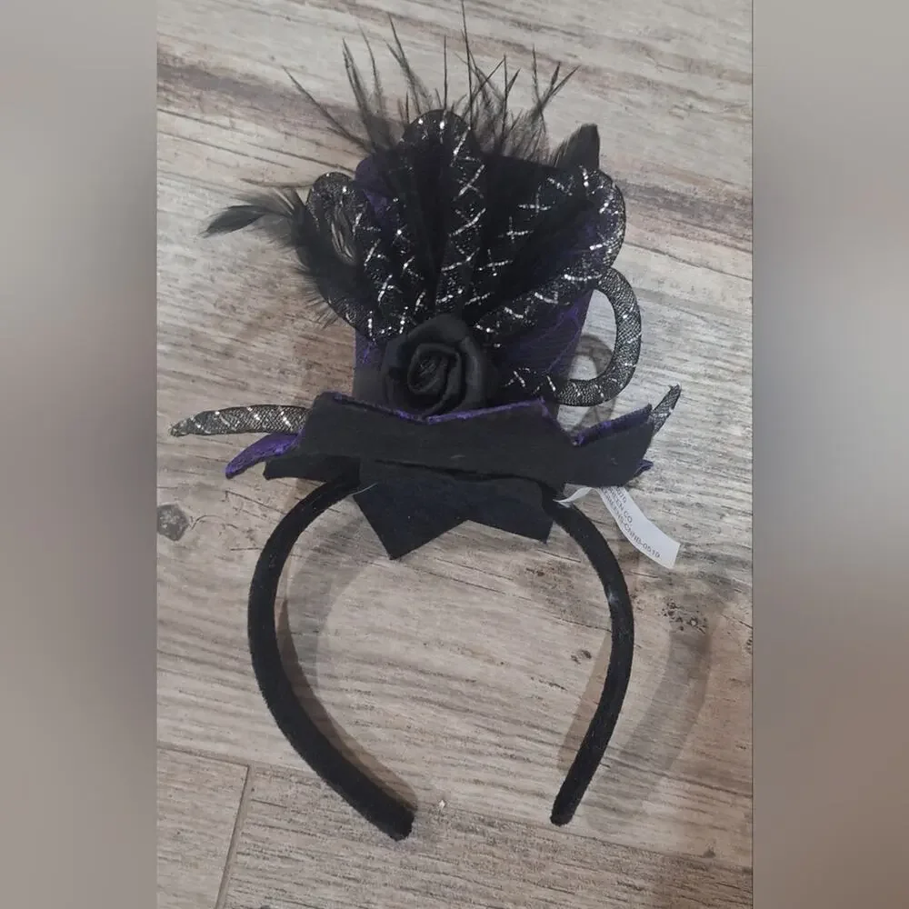 Halloween Mini Top Hat Black &  Purple Fascinator Headband  Feather Costume